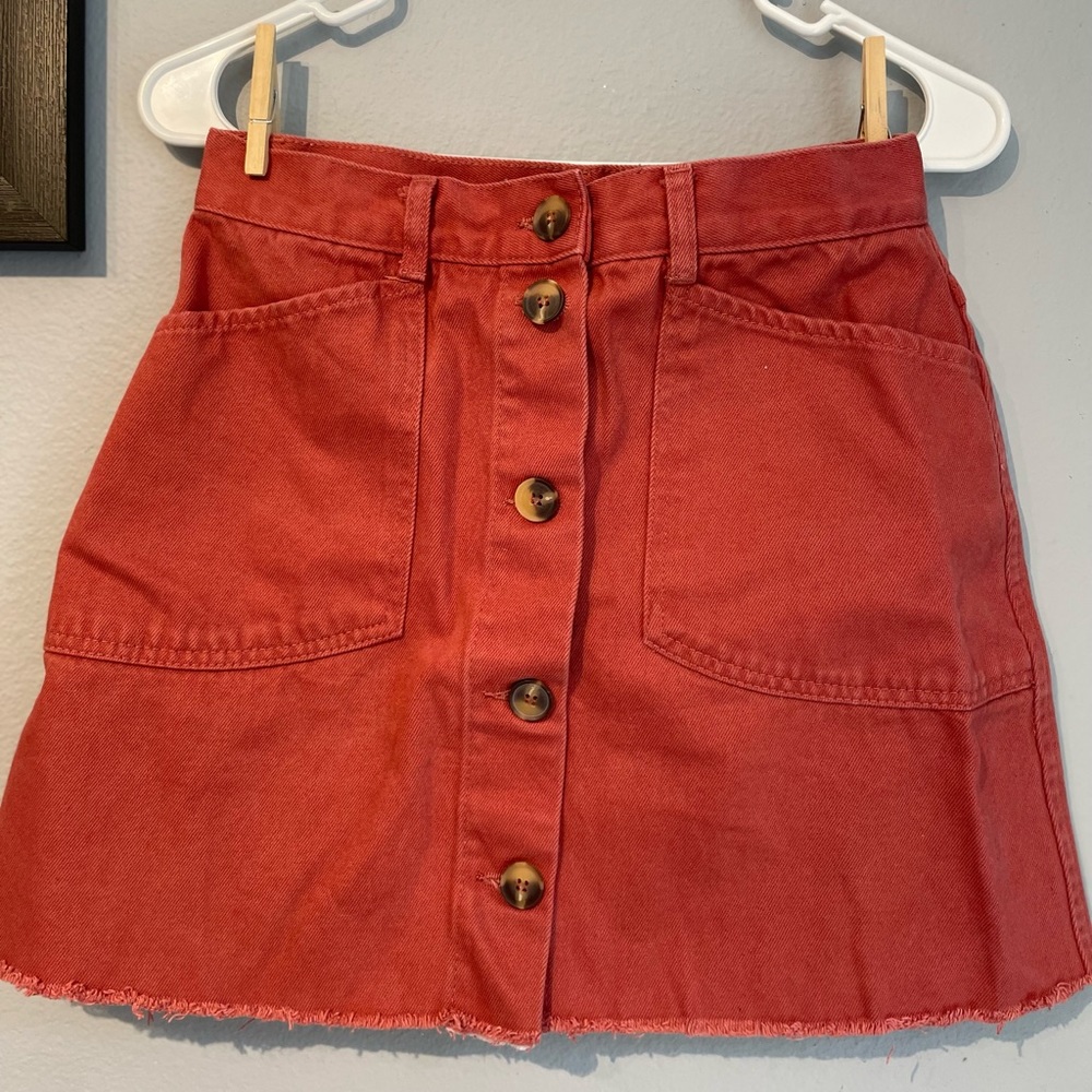 ASOS high-rise denim cut off skirt.